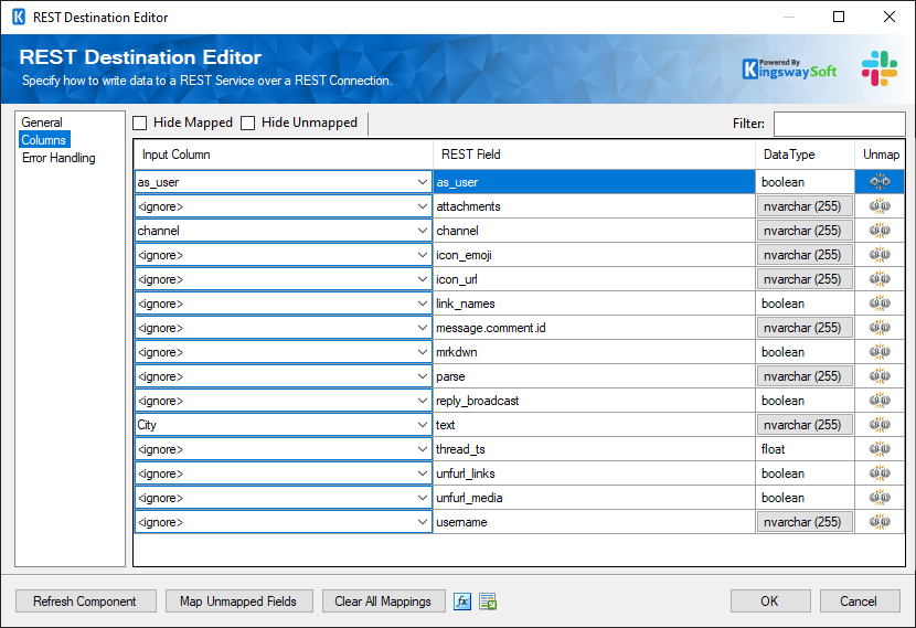 SSIS Slack REST Destination - Columns